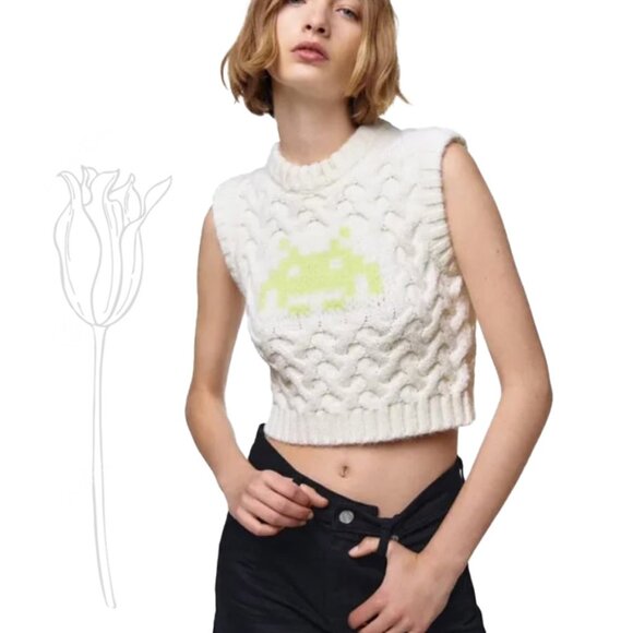 Zara Jackets & Blazers - ZARA Limited Edition Chunky Cable Knit Space Invaders Sweater Vest